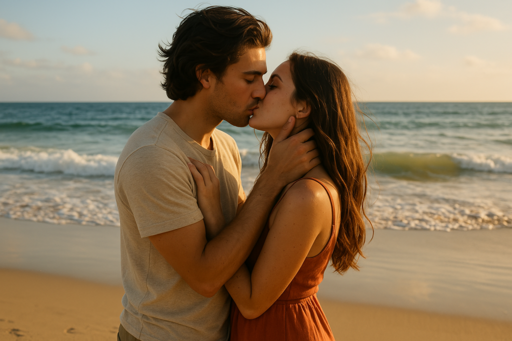 Pareja besándose al atardecer durante la celebración del Día Internacional del Beso, con detalles multicolores que representan las diferentes emociones y sensaciones que provoca un beso.