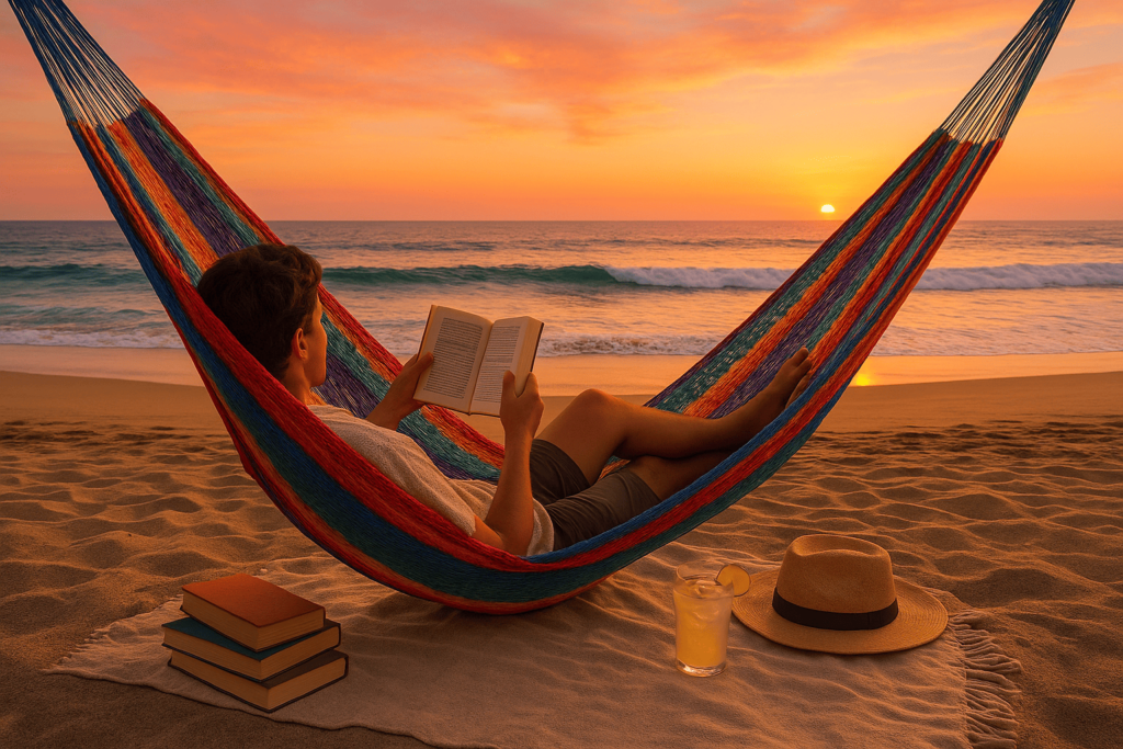 Persona leyendo un libro en una hamaca frente a la playa Zicatela en Puerto Escondido durante el atardecer, celebrando el Día Mundial del Libro