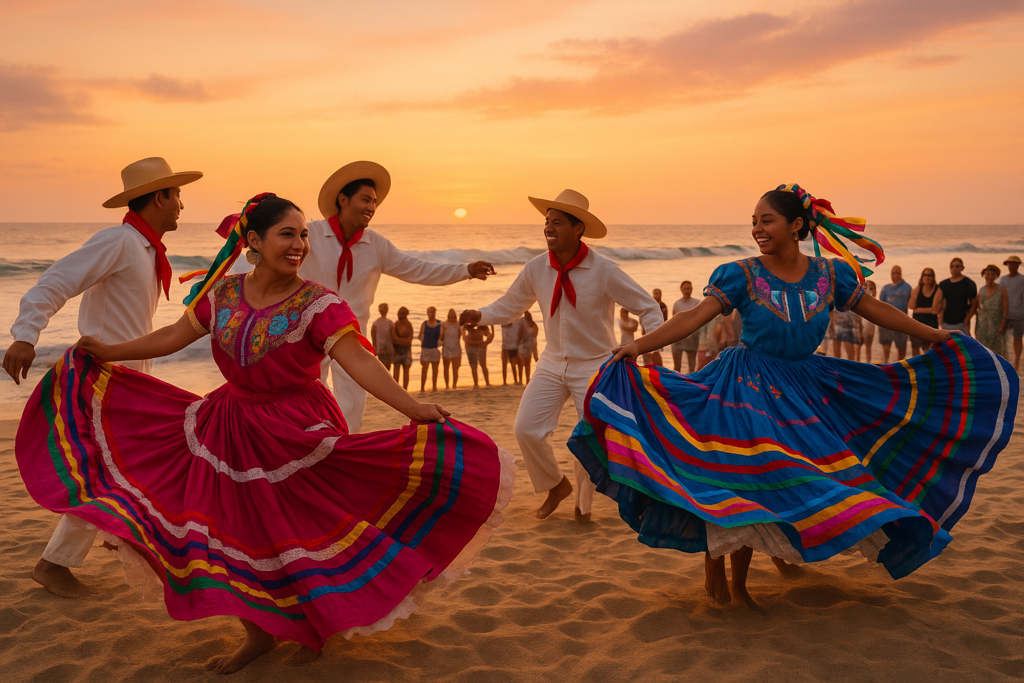 Bailarines interpretando danza tradicional oaxaqueña al atardecer en la playa Zicatela de Puerto Escondido, con coloridos trajes típicos durante la celebración del Día Mundial de la Danza