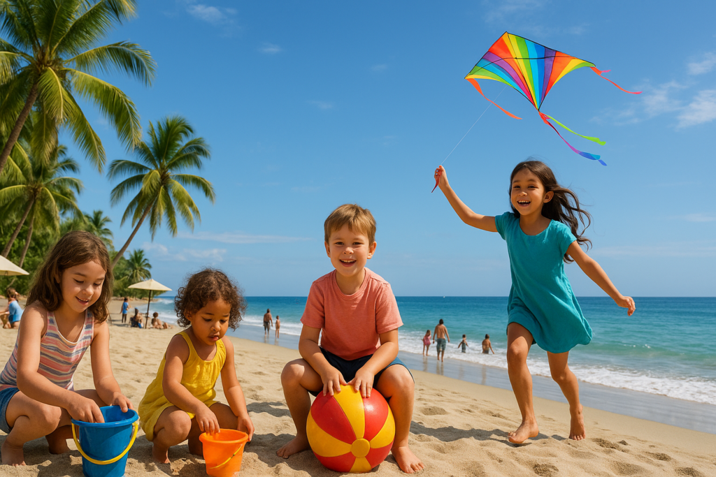 : Niños jugando felices en la playa de Puerto Escondido con el mar al fondo durante el Día del Niño