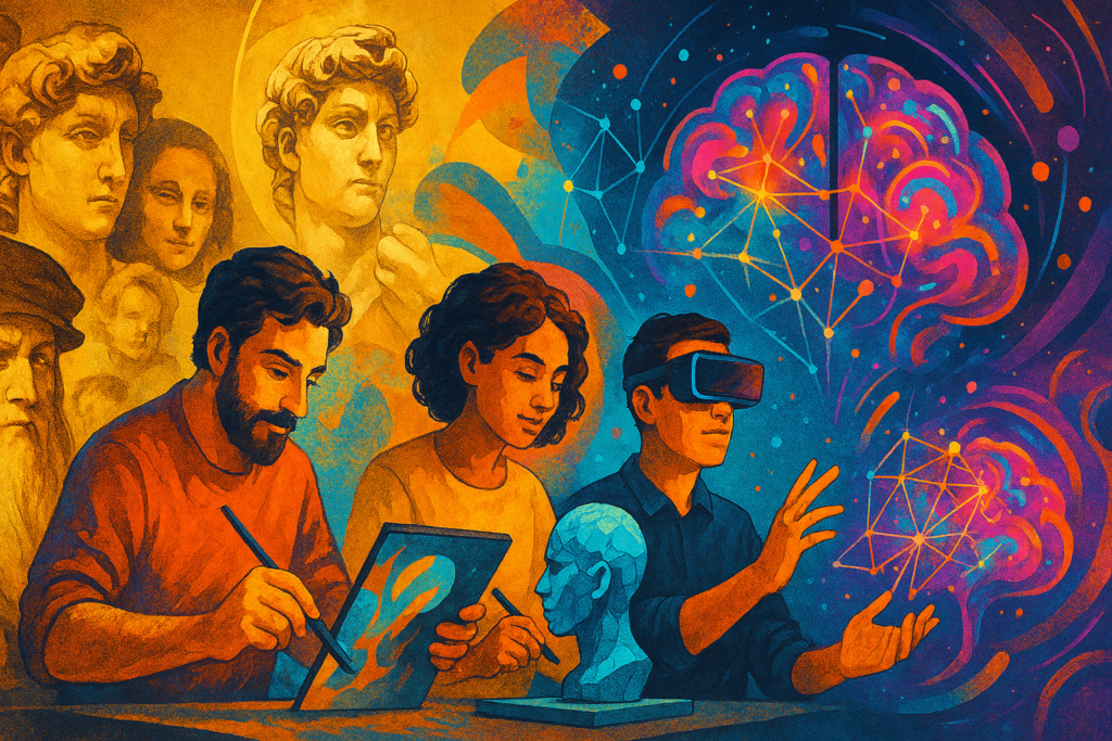 "Collage colorido representando la evolución del arte: desde un boceto de Leonardo da Vinci hasta creaciones digitales contemporáneas y arte generado por IA, simbolizando la celebración del Día Mundial del Arte