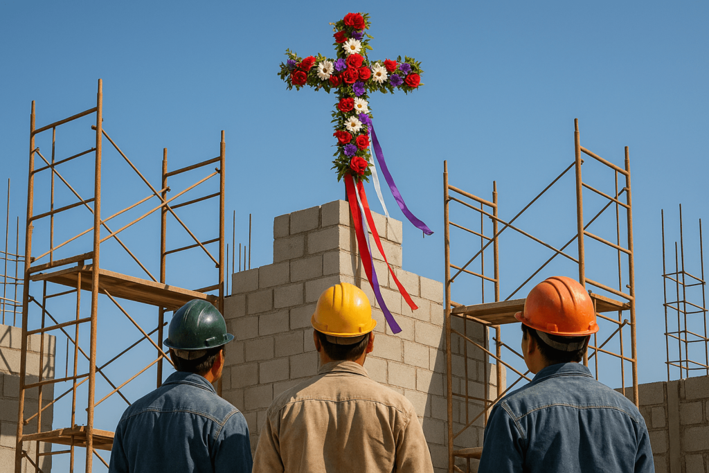 Cruz decorada con flores en lo alto de una construcción en México durante el Día de la Santa Cruz