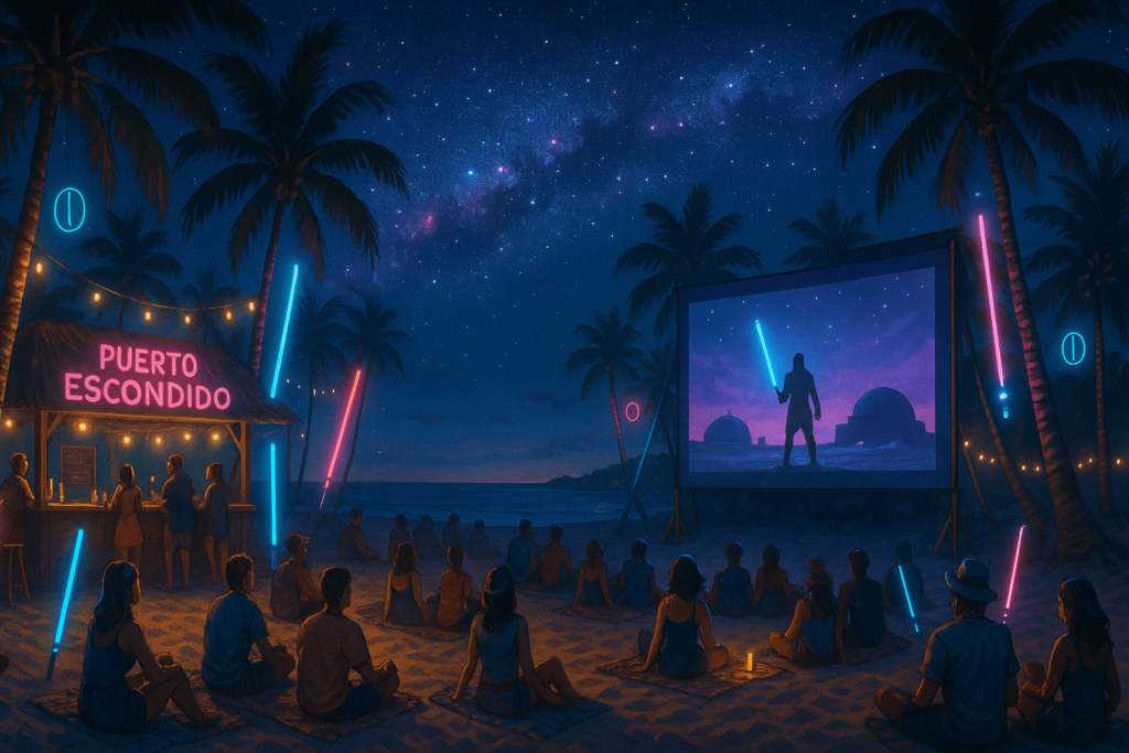 Personas disfrazadas de Star Wars celebrando el 4 de mayo en una playa de Puerto Escondido