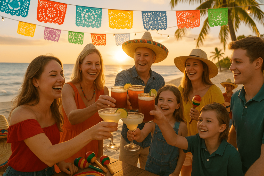 Personas celebrando el Cinco de Mayo en la playa con sombreros mexicanos, micheladas y música en vivo.