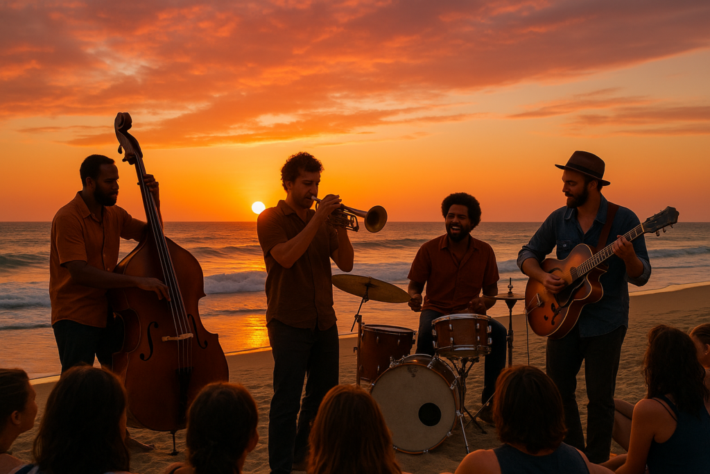 Cuarteto de jazz tocando en vivo al atardecer en la playa, frente al océano Pacífico, mientras el público disfruta del ambiente relajado en Puerto Escondido.