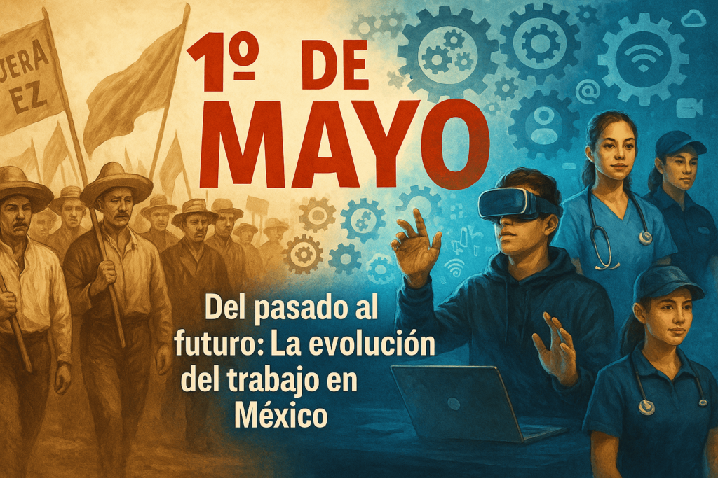 Manifestación histórica del Día del Trabajo en México con trabajadores sosteniendo pancartas por derechos laborales, contrastando con elementos modernos que simbolizan la transformación digital del trabajo en 2025.