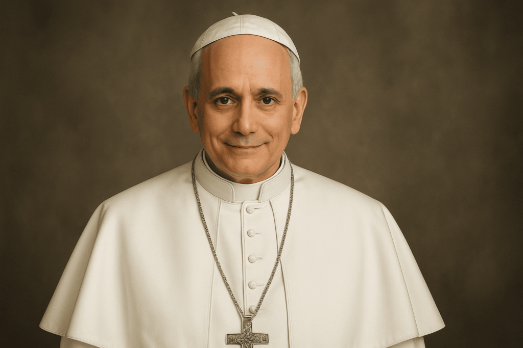 Retrato oficial del Papa León XIV, también conocido como Robert Prevost, líder agustino elegido en 2025 como cabeza de la Iglesia Católica.