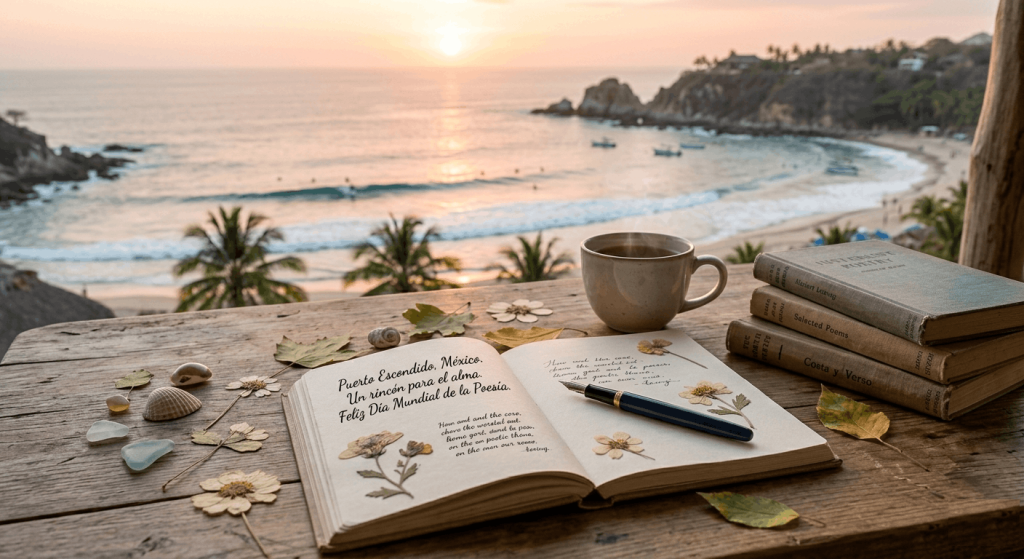 ✍️ Hoy es el Día Mundial de la Poesía… y en Puerto Escondido, la inspiración no se busca: aparece 🌊 Un amanecer, el sonido del mar, una libreta abierta… A veces no hace falta escribir mucho para sentirlo todo. Si estás aquí, aprovecha el momento. Y si no, tal vez es una buena razón para venir. Día de la Poesía en Puerto Escondido: cuando el mar escribe contigo